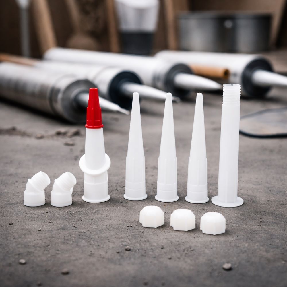 Nieuwe Fugenmeister spuitmonden voor kitkokers. Gebruikte kitkokers liggend op de achtergrond.